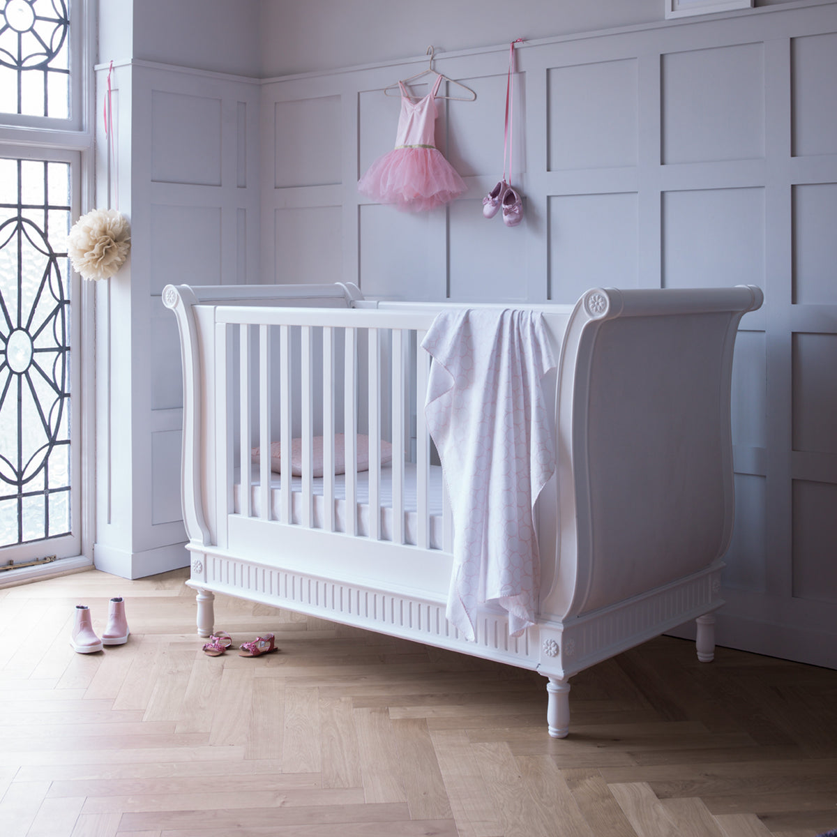Belle Sleigh Luxury Solid Wood Nursery Room Designer Cot Bed