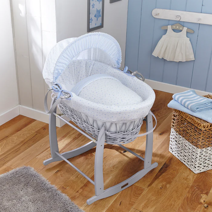 Clair de Lune Stars Stripes Grey Wicker Moses Basket My First Nursery