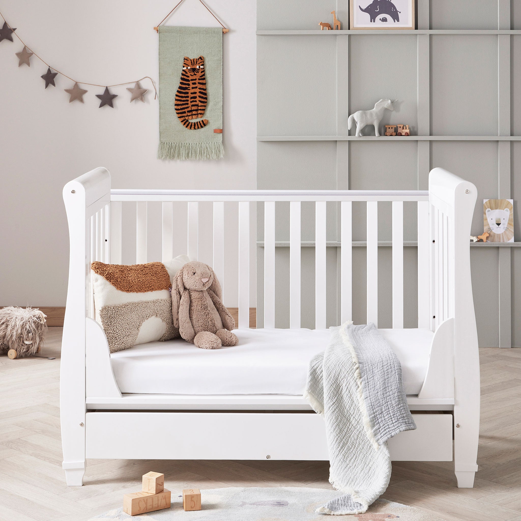 Babymore Eva Sleigh Nursery Room Drop Side Mini Cot Bed – My First